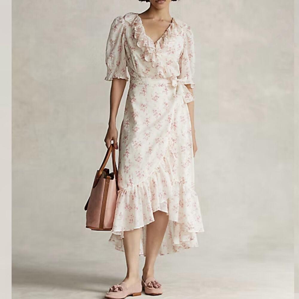 $498 Polo Ralph Lauren Floral Ruffle-Trim Cotton Wrap Dress Sz 4 White & Pink